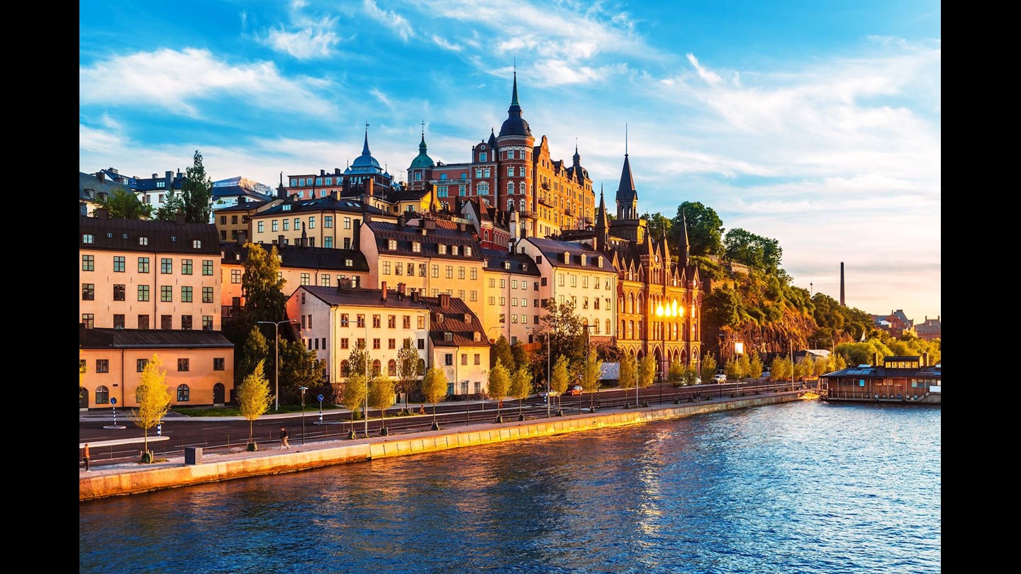 Lake waterfront with buildigs in Sweden