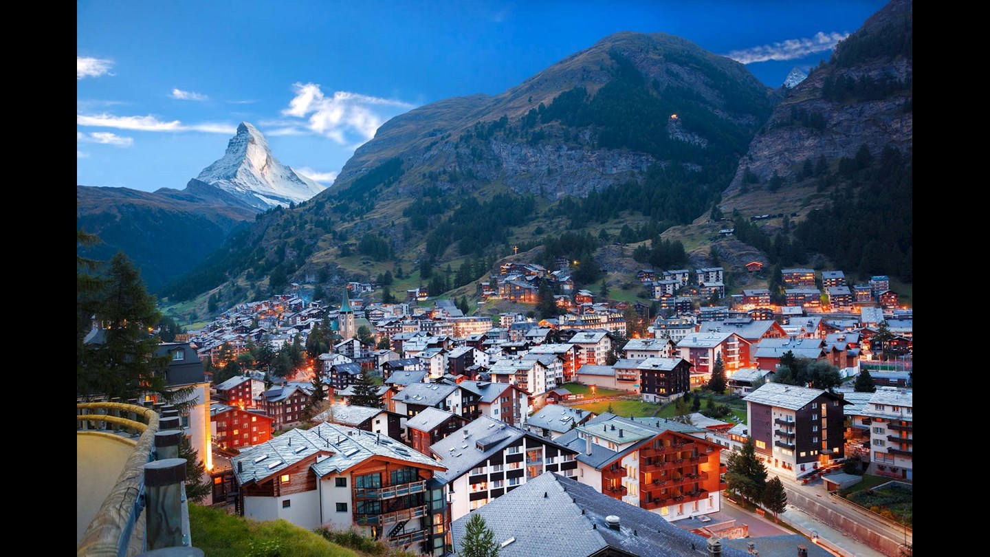 Town below the mountains in Switzerland